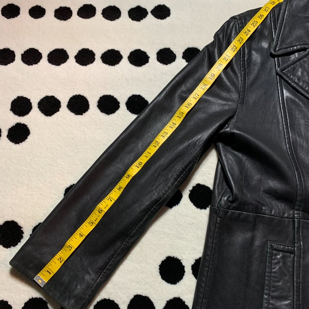 Vintage 90s Danier Black Leather Blazer Trench Coat Overcoat Longline Jacket - Picture 15 of 16